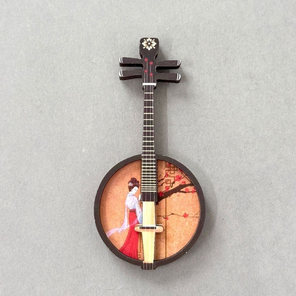 Musical Instrument Ancient - แม่เหล็กติดตู้เย็นรูปเครื่องดนตรีจีนโบราณ ชุด 4 ชิ้น ทำจากไม้ รุ่นมินิ
