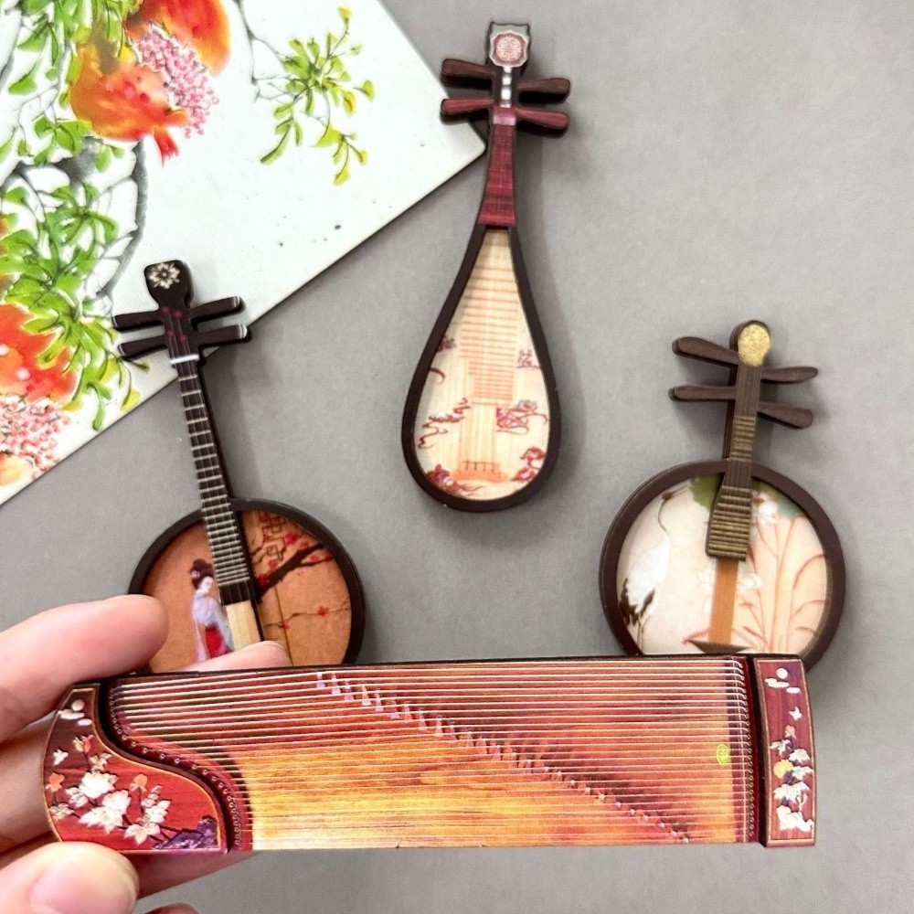Musical Instrument Ancient - 4 ชิ้น/ชุด เครื่องดนตรีสไตล์จีน แม่เหล็กติดตู้เย็น แม่เหล็กติดตู้เย็นไม้โบราณ เครื่องประดับโบราณขนาดเล็ก