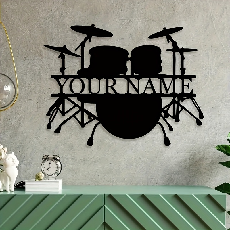 Musical Instrument Name - ป้ายโลหะติดผนังรูปชุดกลองแบบกำหนดเอง พร้อมชื่อหรือข้อความ รูปเงาเครื่องดนตรีวงร็อค ของขวัญสุดพิเศษสำหรับมือกลองและคนรักดนตรี