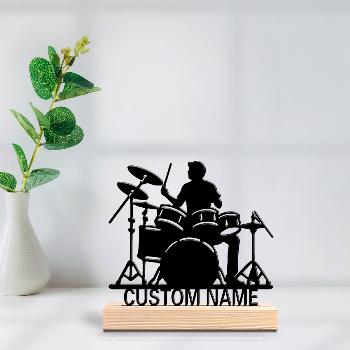 Musical Instrument Name - รูปปั้นเครื่องดนตรีกลอง 1 ชิ้น แบบกำหนดเองได้ พร้อมฐานไม้ เหมาะสำหรับนักดนตรี